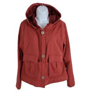 PrAna Hooded Jacket Zip and Snap Placket Button Flap Pockets Hooded Brick Red